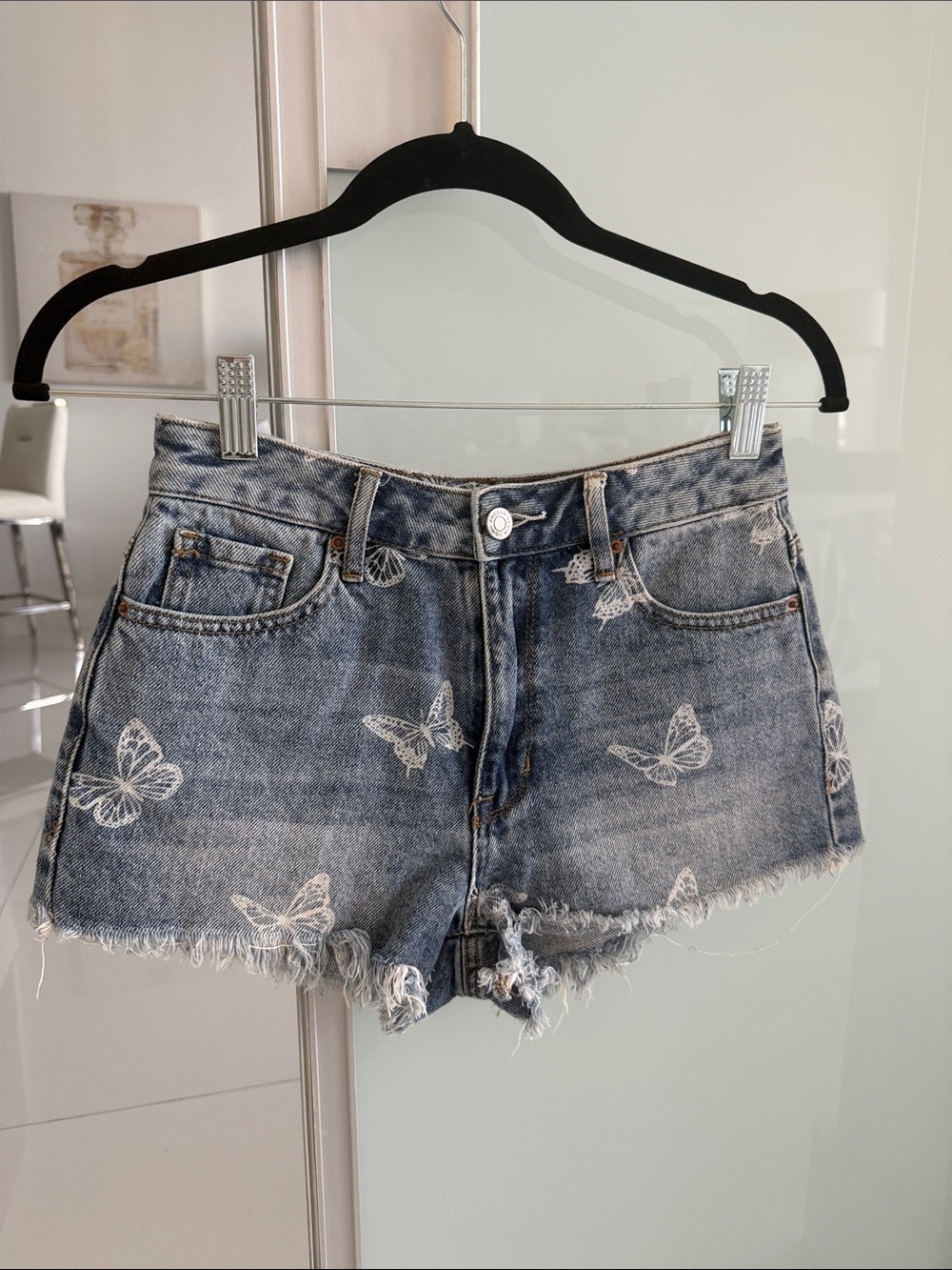PacSun White Butterfly Print Denim Cutoff Shorts - Blue
